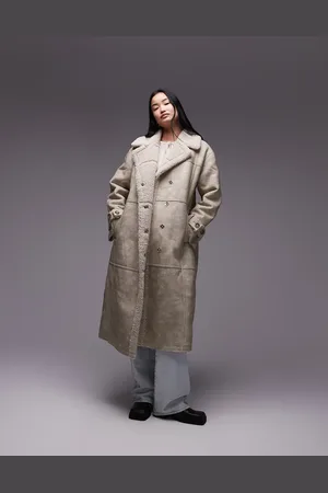 Topshop Faux leather shearling longline aviator jacket in cream