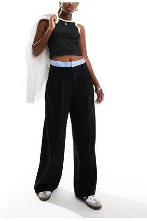 Bershka Striped waistband wide leg tailored trousers in black & blue