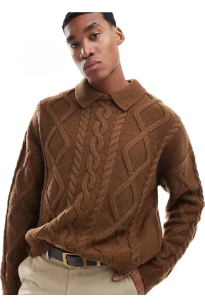 ASOS Oversized boxy fit heavyweight knitted wool mix cable jumper with collar in marl