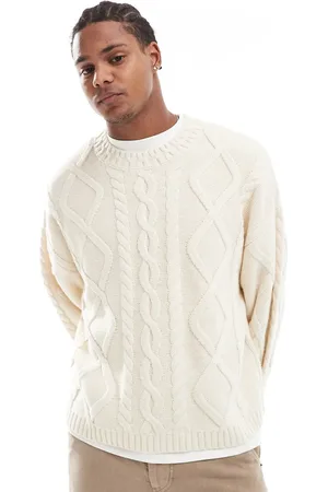 ASOS Knitted oversized heavyweight wool mix cable jumper with crew neck in oatmeal