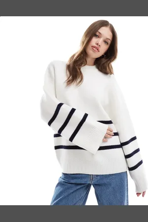 Pretty Lavish Crew neck stripe knit jumper in white