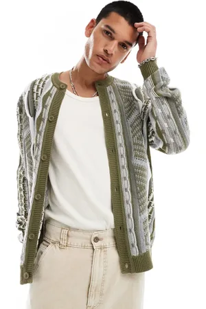 ASOS Relaxed cable knit crew neck cardigan in textured stripe