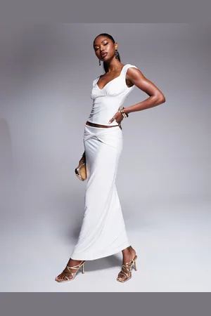 Fashionkilla Double layered slinky twist v waist maxi skirt co-ord in off