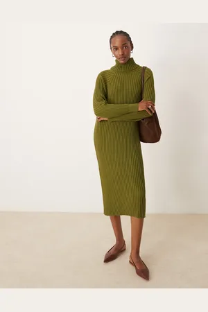 Y.A.S Knitted roll neck midi dress in olive