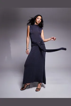 ASOS High neck slinky maxi dress with snake hardware trim in charcoal
