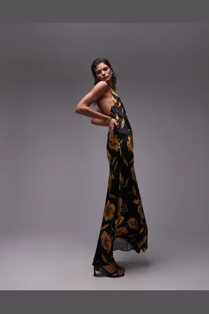 Topshop Halter neck maxi bias in print in and gold rose