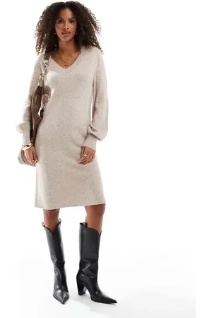ONLY V-neck knitted midi dress in beige