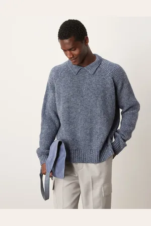 ASOS Oversized boxy fit heavyweight knitted wool mix cable jumper with collar in marl