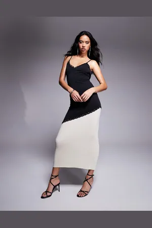 ASOS Colour block maxi slip dress with lace trim details in mono