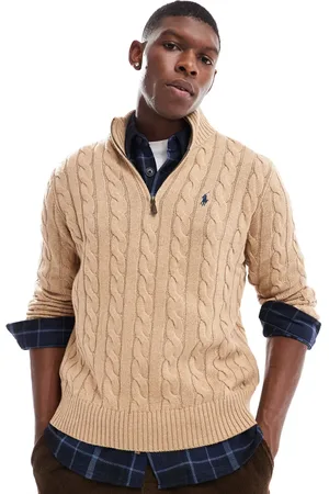 Ralph Lauren Driver icon logo half zip roving cotton cable knit jumper in camel marl