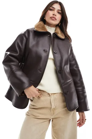Pull&Bear Faux leather coat with contrast shearling collar in dark