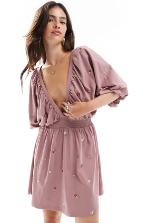 ASOS Smocked mini dress with shirred waist and ditsy floral embroidery in dusky