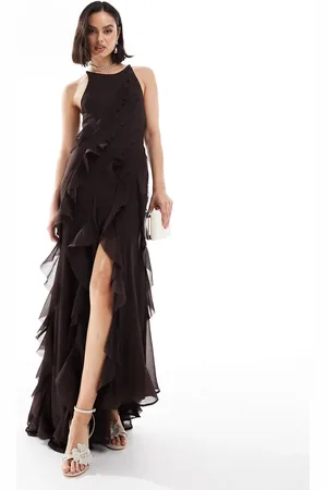 ASOS Racer neckline ruffle maxi dress with hi low hem in chocolate