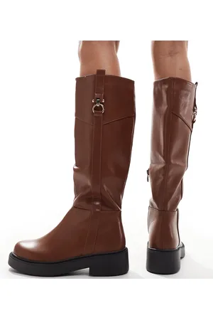 SEQWL Knee high buckle flat riding boot in tan