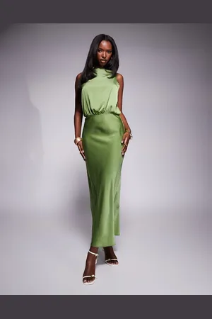 ASOS Square neck satin blouson midi dress in green
