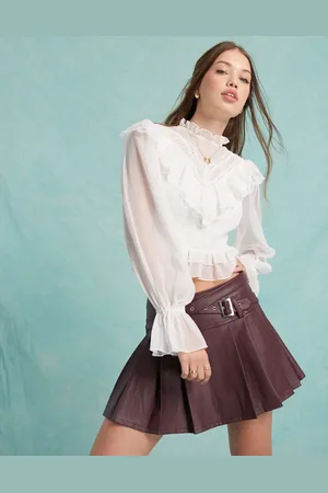 Miss Selfridge Faux leather kilt mini skirt with buckles in burgundy