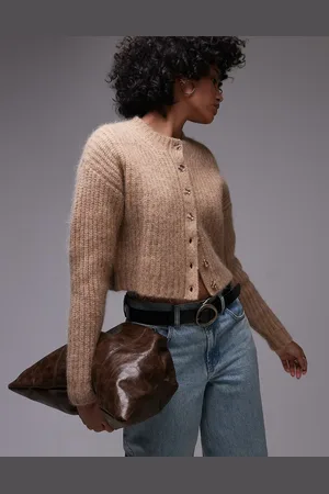 Topshop Premium knitted crew fluffy alpaca cardigan in oat