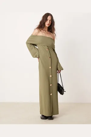 ASOS Ribbed bardot midi dress with chunky buttons in olive