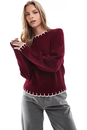 ASOS Knitted jumper with blanket stitch detail in burgundy