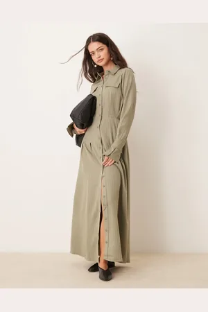 ASOS Tie up cuff detail maxi shirt dress in khaki stripe