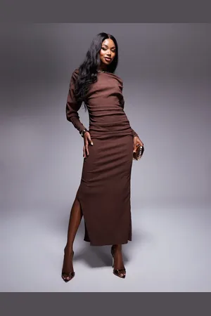 ASOS Textured slash neck draped midi dress in chocolate