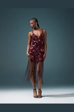 ASOS Floral embellished mini dress with beaded fringe in burgundy