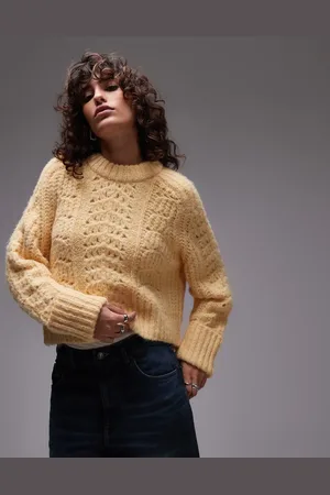 Topshop Knitted stitchy crew relaxed jumper in buttermilk