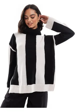 Brave Soul Knitted roll neck jumper in black and cream stripe