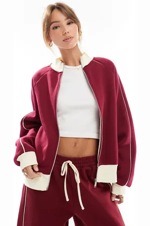 ASOS Zip through jacket with side stripe in burgundy
