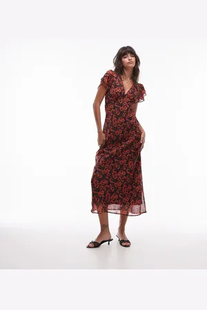 Topshop Flutter sleeve midi dress in rust floral
