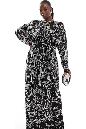 ASOS ASOS DESIGN Curve long sleeve allover fringe embellished maxi dress in black