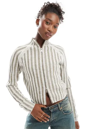 Reclaimed Rib knit zip cardigan in stone