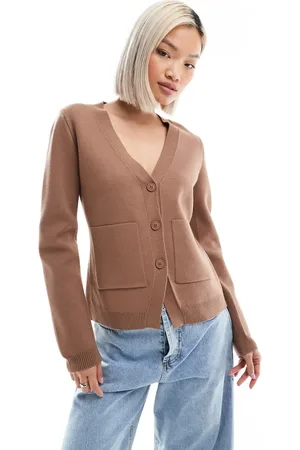 ASOS Knitted structured v neck cardigan with seam detail in mocha
