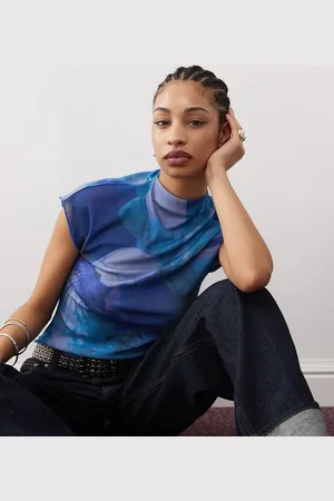 COLLUSION High neck slinky cap sleeve top with iris print