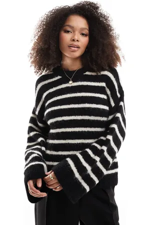 ASOS Wool blend fluffy wide sleeve knitted jumper in black and white stripe
