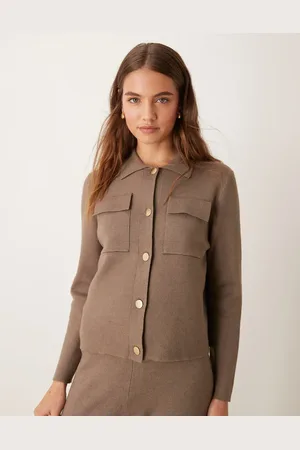 VILA Premium structured knit button up shirt co-ord in taupe