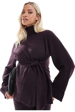 Mama;licious Mamalicious maternity knitted roll neck jumper co-ord with tie waist in plum