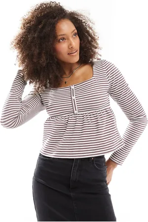 ASOS Babydoll long sleeve henley top in burgundy stripe