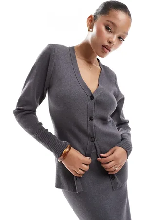 Pretty Lavish Rib knit button cardigan co-ord in charcoal