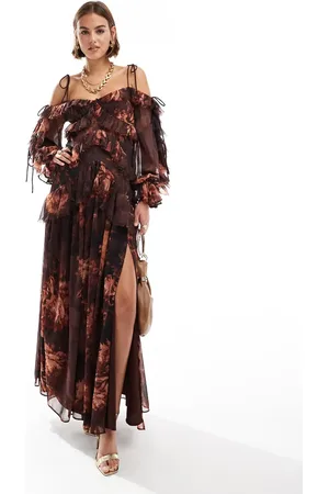 ASOS Ruffle off shoulder tiered maxi dress in burgundy floral print