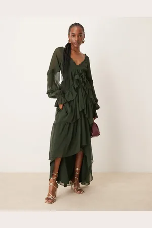 ASOS V front tiered ruffle maxi dress with hi low hem and pin tucks in dark olive