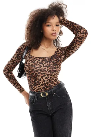 Miss Selfridge Long sleeve square neck bodysuit in leopard print
