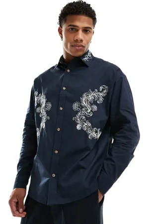 ASOS 90s oversized shirt with floral embroidery in navy