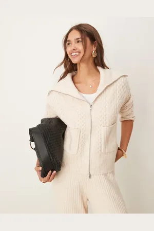 ASOS Knitted fly collar cardigan with zip and cable detail co-ord in cream