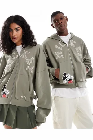 ASOS Disney unisex boxy super oversized zip through hoodie with Mickey Mouse prints and embroidery in khaki