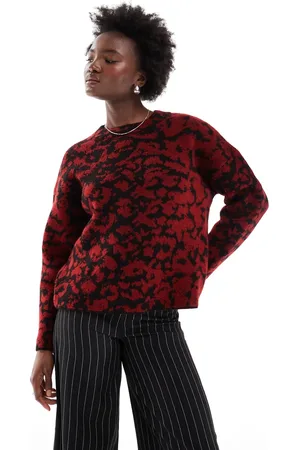 ASOS Crew neck knitted jumper in burgundy abstract leopard print