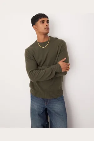 MANGO Roundneck regular fit wool sweater in khaki