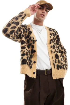 Bershka Leopard knitted cardigan in beige