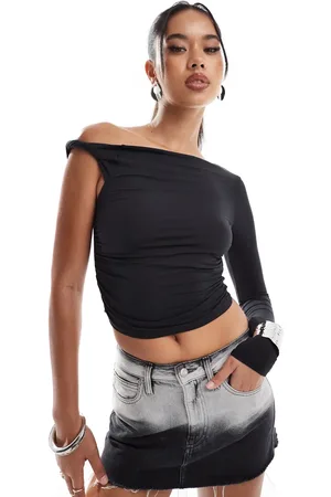ASOS Slinky twisted off the shoulder asymmetric long sleeve top in
