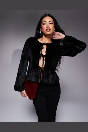 ASOS Velvet tie front long sleeve top in